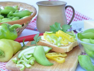 Breakfast with toast and achocha and pepper