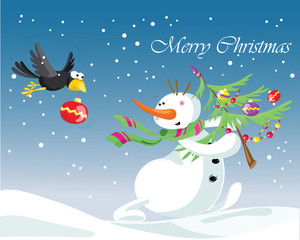 snowman with gift. Christmas, new year