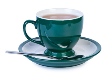 Cup tea on white background shadow below.