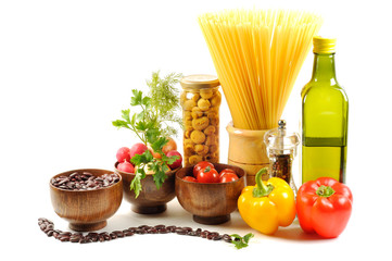 Fresh vegetables, pasta, spice  and oil
