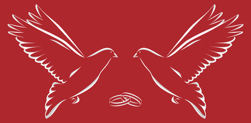 Zwei Tauben mit zwei Ringen Hochzeit roter Hintergrund