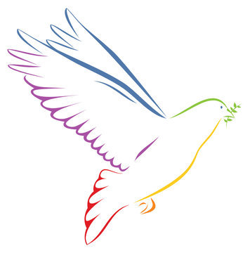 Taube regenbogenfarben mit Zweig auf weißem Hintergrund