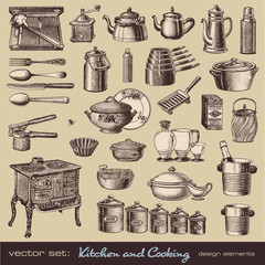 vector set: kitchen and cooking - vintage design elements - obrazy, fototapety, plakaty