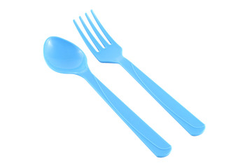 Parallel blue plastic spoon and fork on white background.
