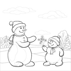 Snowmen son gives mom snowy flowers, contours