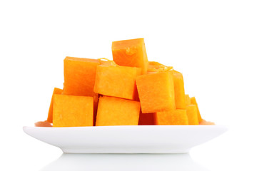 sliced pumpkin on plate isolated on white