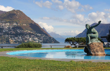 Mount Brè and Lugano fountain