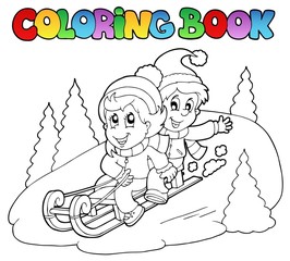 Livre de coloriage deux enfants sur luge