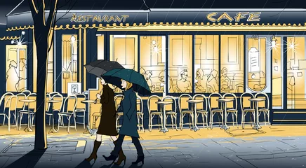 Fotobehang Illustratie Parijs Wandelen in de regen