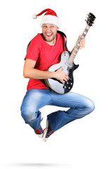 Stylized Santa Claus guitarist jump on white background