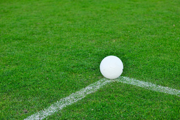Soccer ball on grass at goal and stadium in background