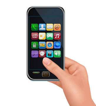 A hand holding touchscreen mobile phone with icons. Vector.