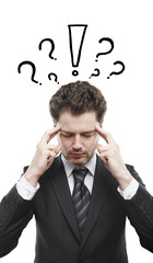 Man with exclamation mark and question marks