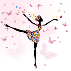 Photo sur Aluminium Femme fleurs fille ballerine avec des fleurs avec des papillons