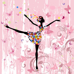 Obraz premium baleriny dziewczyna z kwiatami z motylami grunge