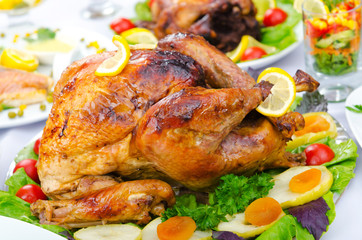 Roasted turkey on the festive table