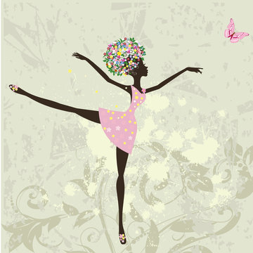ballerina girl with flowers on grunge background
