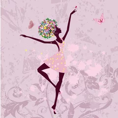 Foto op Plexiglas ballerina meisje met bloemen op grunge achtergrond © Aloksa