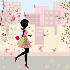 Naadloos Behang Airtex Bloemenmeisje meisje met winkelen in de lente