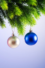Baubles on christmas tree in celebration concept