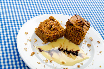 Cake with sweet sauce in plate