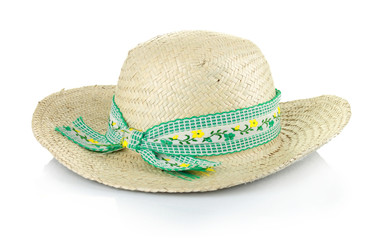 a straw hat with a green ribbon