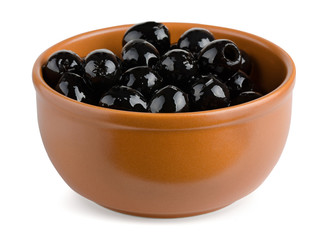 Terracotta bowl of black pitted olives