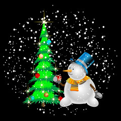 snowman decorating a Christmas tree
