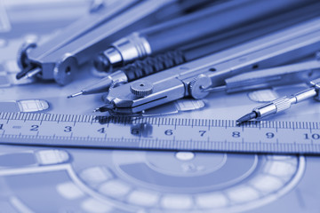 Architecture plan of interior & work tools - ruler, pencil, comp
