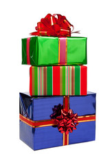 Gifts in colorful packages with bows.