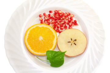 Fototapeta na wymiar fruits on a plate, isolated on white