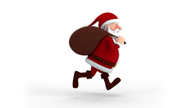 Cartoon Santa Claus with gift bag running on spot - side