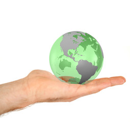 Masculine hand holding a 3d planet globe