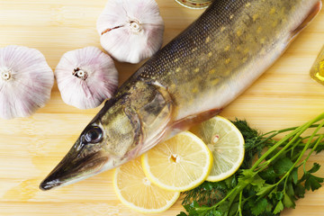 Raw pike with cooking ingredients