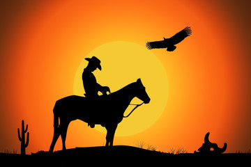 un cowboy dans le desert au coucher de soleil, illustration