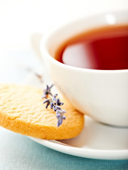 Cup of tea with biscuit and lavender