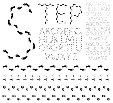 Vector black footprints alphabet on a white background
