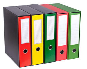 Red, green and yellow office folders with boxes isolated on whit