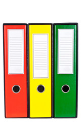 Red, green and yellow office folders with boxes isolated on whit