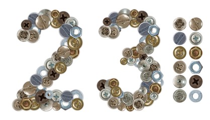 Numbers 2 and 3 made of various screw heads