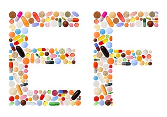 Characters E and F made of colorful pills
