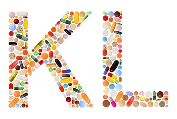 Characters K and L made of colorful pills