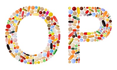 Characters O and P made of colorful pills