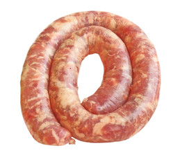 Raw sausage from the pork stuffing on a white background
