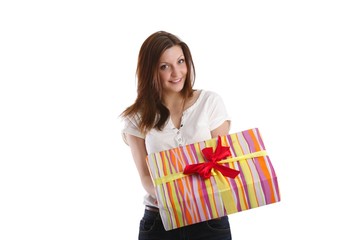 happy young woman with a present (white background)