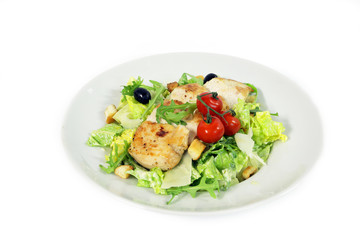Caesar salad with chicken steak on white background