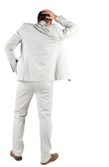 Back view of shocked and scared young business man.