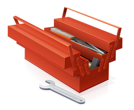 Boîte à outils rouge ouverte et ses outils (reflet)