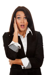 scared, terrified businesswoman , isolated over white background