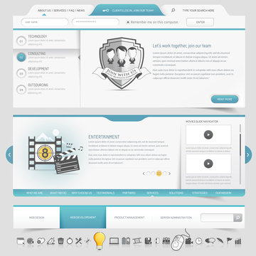 Web site template navigation elements with icons set
